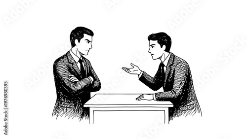 Two men in suits discuss, one listens skeptically, the other explains, representing business conversation, interaction, and corporate dynamics.