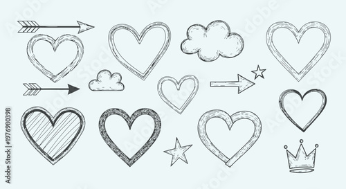 Hand drawn sketch elements including various hearts, arrows, clouds, stars, and a crown, ideal for romantic themes, Valentines Day, or wedding decorations, offering a charming doodle style.