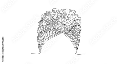 Single line drawing of a stylish turban headwrap with ornate details, ideal for cultural fashion, textile designs, or adult coloring book illustrations.