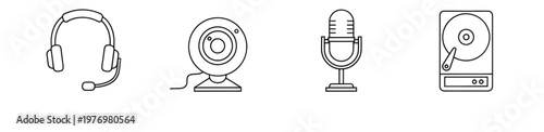 Outline icons featuring essential computer peripherals headset, webcam, microphone, and hard drive. Ideal for technology concepts, hardware guides, or online store graphics.