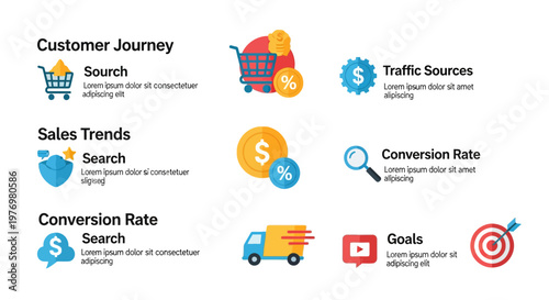 E-commerce icons, business analytics symbols, marketing strategy graphics, conversion rate optimization elements