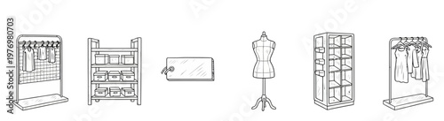 Collection of essential retail store fixtures including clothing racks, storage shelves with boxes, a dress form, and a blank tag, useful for merchandising concepts and shop interior planning.