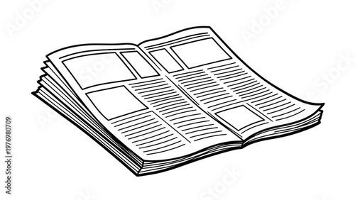 Open newspaper outline sketch showing layered pages with news content sections and text, symbolizing journalism, current events, and communication media for various projects.