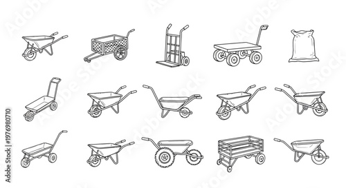 Outline drawings of various wheelbarrows, garden carts, hand trucks, and wagons for gardening, construction, and material transport.