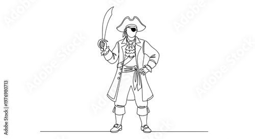 Dynamic continuous line drawing of a swashbuckling pirate holding a cutlass, ideal for historical adventure stories, character designs, or themed event invitations, evoking classic seafaring tales.