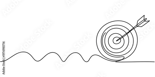 Single line drawing of a target with an arrow, symbolizing successful aiming and goal achievement. Perfect for business strategy and motivation concepts.