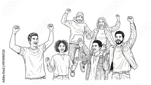 Joyful group of diverse young adults celebrating victory and success with raised fists. Ideal for representing achievement, happiness, and community teamwork.