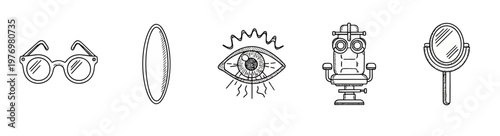 Set of essential vision care icons including eyeglasses, a contact lens, an eye, a phoropter chair, and a mirror, ideal for optometry and eye health related visual communication.