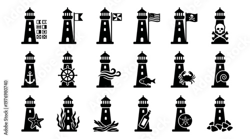 Assortment of lighthouse icons featuring nautical elements like flags, anchors, and sea creatures, ideal for maritime projects and oceanthemed designs.