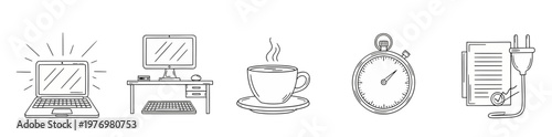 Hand drawn line icons depicting workplace essentials like laptop, desktop, coffee, stopwatch, and document for business, office, and productivity related designs.
