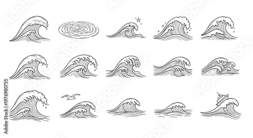 A collection of detailed handdrawn ocean waves in various shapes, including ripples and a boat, suitable for nautical designs and environmental concepts.
