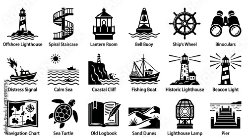 Diverse collection of nautical and lighthouse themed icons for maritime graphic design, web, and educational applications.