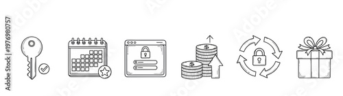 Handdrawn style icons featuring security, calendar, login, money growth, data protection, and gift symbols for web, app, and presentation use.