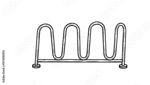 Black and white line drawing of a metal wavy bicycle rack. Ideal for urban planning, sustainable transport, and cycling infrastructure visuals.