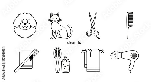 Outline icons for pet grooming services featuring animals and essential tools for professional pet care businesses.