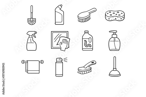 Bottle brush spray freshener sponge cleaner plunger cleaning scrubber bathroom vector icons