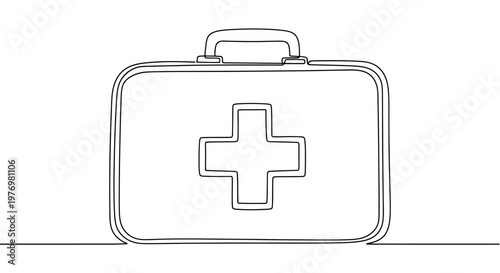 Minimalist continuous line drawing of a medical first aid kit featuring a prominent cross symbol, ideal for health, safety, and emergency services visuals.