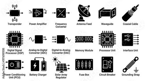 Set of electronic and electrical engineering components icons. Includes transponder, amplifier, converter, processor, memory, power units, and connectors for technical design and documentation.