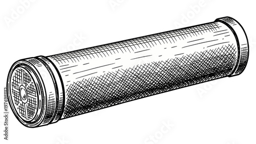 Hand drawn engraving of a cylindrical industrial pipe or filter. Ideal for technical diagrams, engineering schematics, and vintage themed industrial projects.