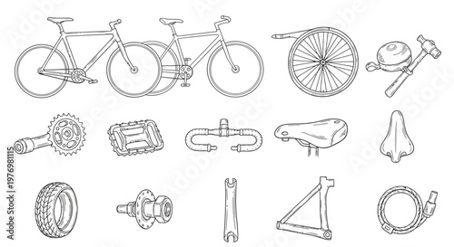 A versatile set of outline drawings featuring bicycles and various components like wheels, gears, pedals, and saddles. Perfect for cycling enthusiasts, repair guides, or web graphics.