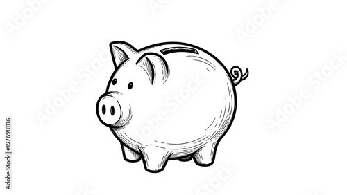 Black and white hand drawn piggy bank sketch symbolizing financial growth and secure savings, perfect for finance articles, business presentations, and educational materials.