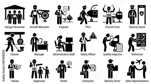 Pictograms of various airport and industrial workforce roles such as pilot, mechanic, engineer, ground crew, manager, and security guard, excellent for human resources and business