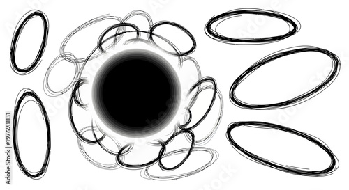 Dynamic abstract composition features a central black void surrounded by numerous handdrawn sketchy oval rings, suitable for modern graphic design, presentations, and conceptual backgrounds.