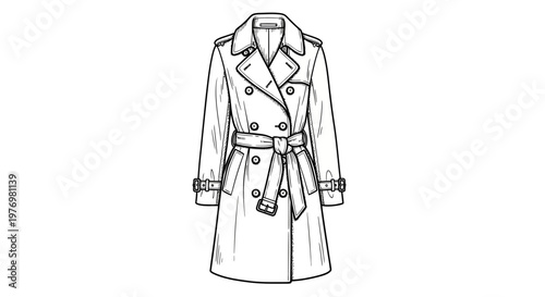 Elegant sketch of a traditional belted trench coat with doublebreasted buttons and cuff details, useful for garment visualization and fashion design projects.