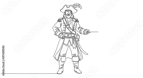 Continuous line drawing of a rugged pirate captain in a detailed costume, featuring an eyepatch and feathered hat, pointing forward, ideal for historical adventure themes or unique graphic designs.