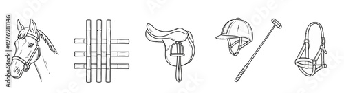 Collection of essential equestrian gear and horse head outline for horseback riding, polo, and training, ideal for design projects and educational content.