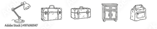 A collection of simple line drawings featuring a desk lamp, two suitcases, a cabinet, and a duffel bag, ideal for various graphic design projects and educational content.