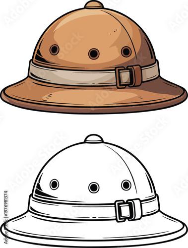 Pith helmet illustration & outline set isolated on transparent background