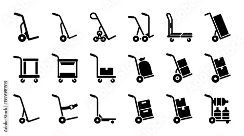 Collection of various hand truck and dolly icons for moving, delivery, and logistics. Essential for websites, apps, and presentations showing transportation and handling.