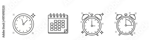 Essential line icons for time organization, daily planning, and productivity, perfect for digital interfaces and informational graphics.