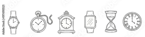 Hand drawn collection of time measuring devices wristwatch, pocket watch, table clock, smartwatch, hourglass, and wall clock. Ideal for projects about time.
