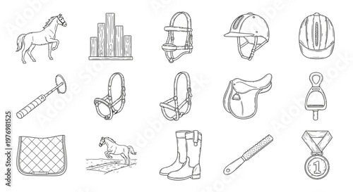 Monochrome line drawing set showcasing various equestrian gear like helmets, saddles, bridles, boots, and horses, perfect for sports and animal themed projects.