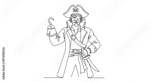 Single line drawing of a pirate with hook and saber, ready for daring adventures. Ideal for logos, prints, or educational materials.
