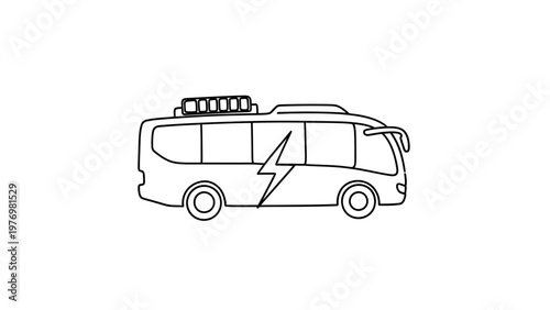 Line drawing of an electric bus, featuring a battery meter and lightning symbol, symbolizing sustainable public transport and ecofriendly urban travel.