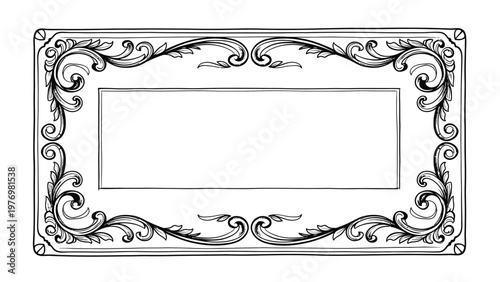 Ornate handdrawn rectangular frame featuring sophisticated scrollwork and leaves, ideal for elegant invitations, formal certificates, documents, or decorative plaques.