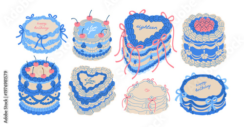 Cakes in vintage style set. Festive patisserie with whipped cream swirls, cherry, bow decor. Round and heart shape holiday confectionery. Flat graphic vector illustrations isolated on white background