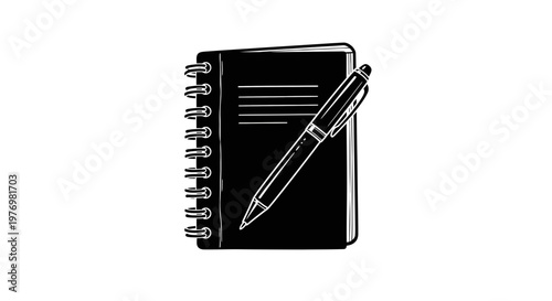 Hand drawn style depiction of a spiral bound journal and writing pen, ideal for productivity, study, or daily note taking design projects.