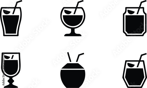 Blackandwhite illustration of various cocktail glasses with straws and leaves  isolated on transparent background