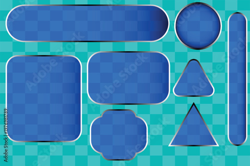 glowing transparent glass UI shapes in neon blue style. Futuristic frames, buttons and panels for modern interface design