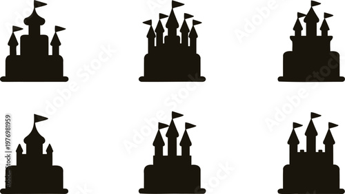 Collection of various medieval fantasy castle silhouettes with towers and flags on white background  iconic architectural designs
