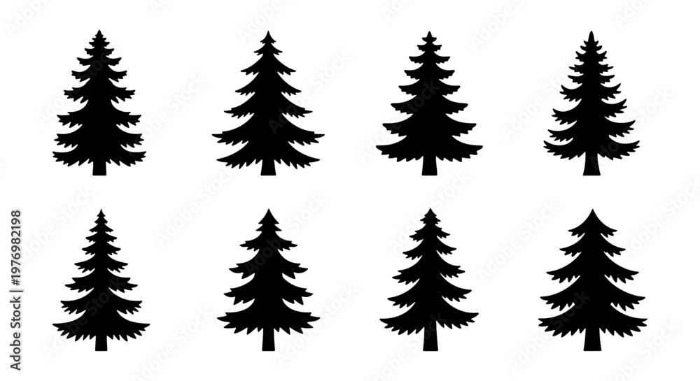 Obraz premium Pine tree silhouettes, 8 evergreen conifer icons, black forest vector set
