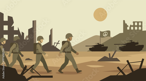 Minimalist illustration of soldiers, tanks, and a peace flag in a war-torn landscape