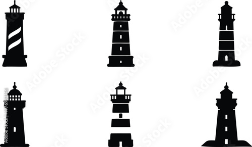 Six black silhouette lighthouse icons on white background for navigation and architecture design