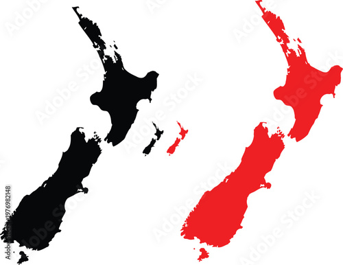 Photos A graphic illustration showing two silhouettes of the country new zealand in bla
