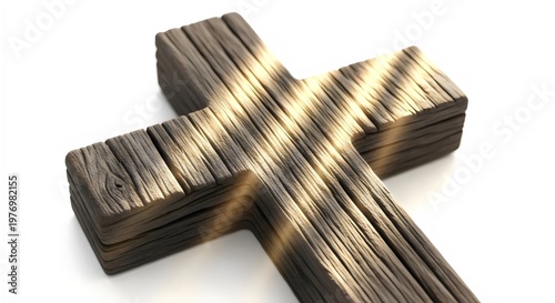 Gentle portrait of rustic wooden crucifix with aged texture photographed in centered composition illuminated by warm studio lighting rays