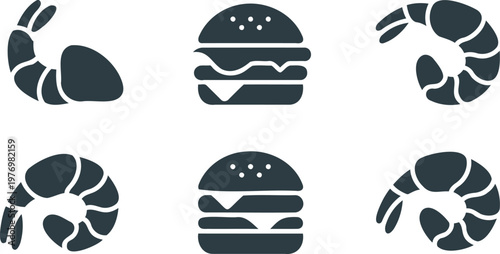 Food icons including shrimp and hamburger silhouettes on white background for culinary designs  seafood and fast food symbols